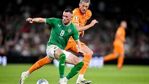 <p>Republic of Ireland Alan Browne in action against Wout Weghorst of Netherlands.</p>