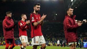 <p>Manchester United's Bruno Fernandes applauds the fans.</p>
