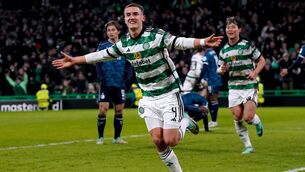 <p>Gustaf Lagerbielke celebrates his late winner for Celtic (Andrew Milligan/PA)</p>