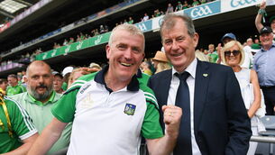 <p>CONTINUED SUPPORT: Limerick manager John Kiely and businessman JP McManus after the GAA Hurling All-Ireland Senior Championship final. Pic: Ray McManus/Sportsfile</p>