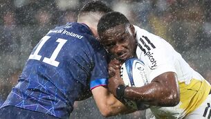 <p>COLLISION: La Rochelle number 8 Yoan Tanga-Mangene is tackled by Leinster's Jimmy O'Brien at the Marcel Deflandre Stadium</p>