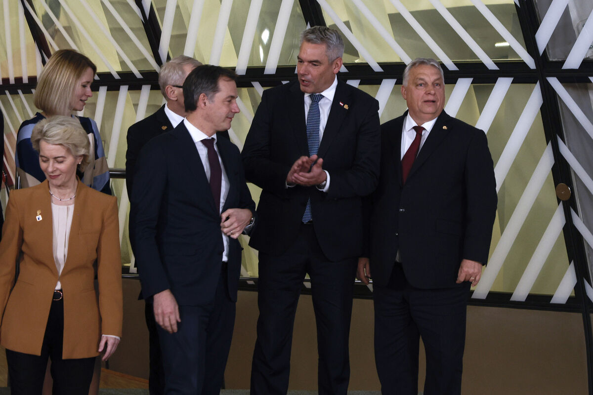 Hungary's prime minister Viktor Orban, right, with EU leaders Kaja Kallas of Estonia, European Commission President Ursula von der Leyen, Belgium's Alexander De Croo and Austria's Karl Nehammer.Picture: Omar Havana/AP Hungary's prime minister Viktor Orban, right, with EU leaders Kaja Kallas of Estonia, European Commission President Ursula von der Leyen, Belgium's Alexander De Croo and Austria's Karl Nehammer.Picture: Omar Havana/AP