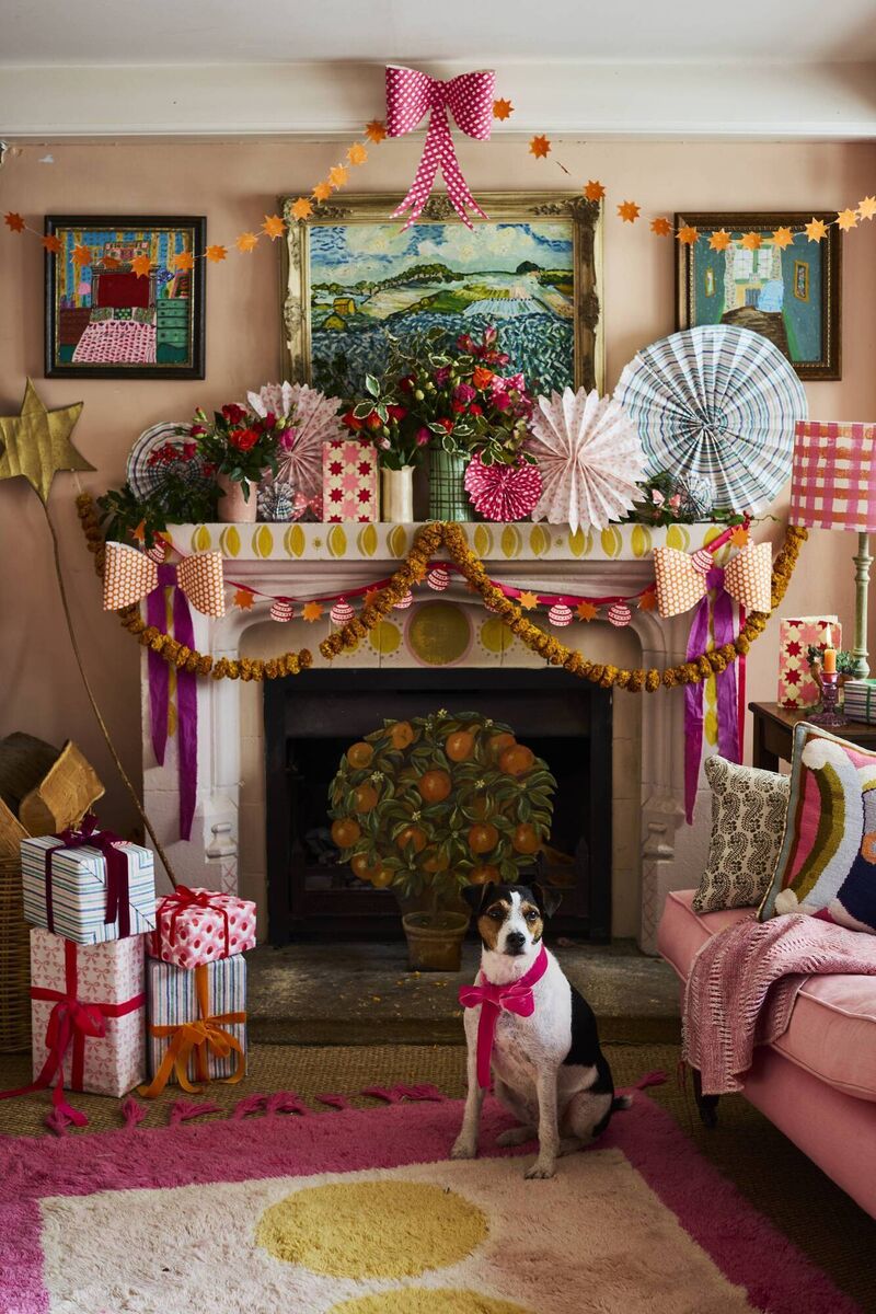 Pure Christmas joy: Textile designer Molly Mahon's fireplace.