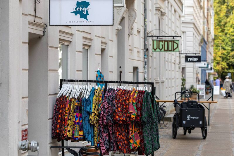 A storefront on the hip and trendy shopping street Norrebro, called Jaegersborggade, sells African fashion.