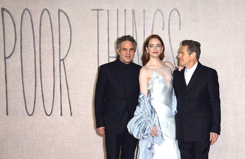 Mark Ruffalo, Emma Stone, and Willem Dafoe attend the UK gala screening of 'Poor Things' at the Barbican Centre in London, on Thursday. Picture: Eamonn M McCormack/Getty/Walt Disney Studios