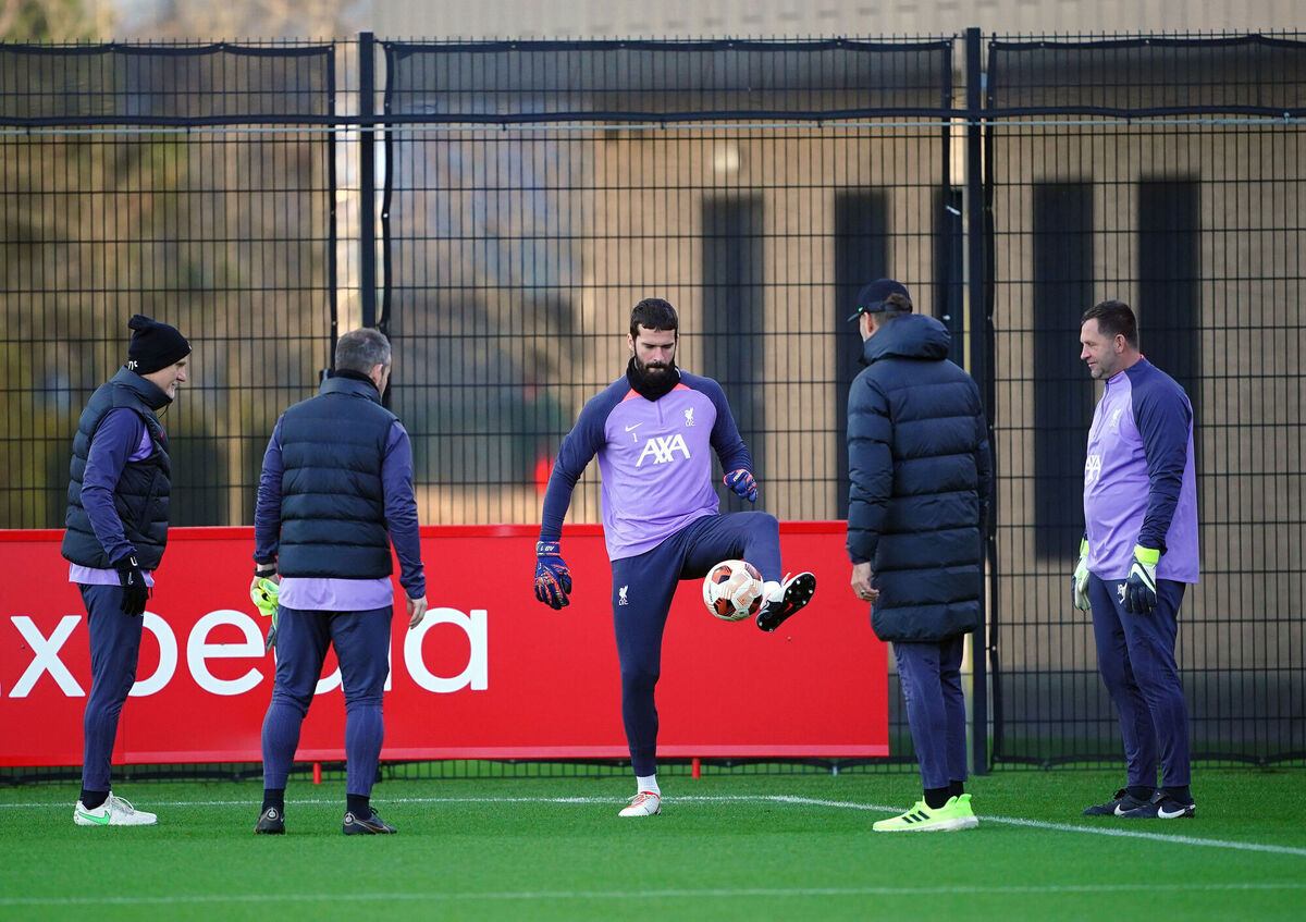 Liverpool goalkeeper Alisson Becker (centre) during a training session at the AXA Training Centre. Pic: Peter Byrne/PA Wire.