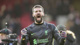 <p>SUPER KEEPER: Liverpool's goalkeeper Alisson celebrates after the Premier League soccer match between Crystal Palace and Liverpool at Selhurst Park. Pic: AP Photo/Kin Cheung</p>