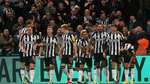 <p>OFF THE MARK: Newcastle United's Lewis Miley (2nd right) celebrates scoring their side's first goal. Picture: Owen Humphreys/PA Wire</p>
