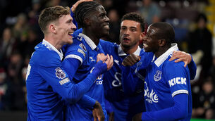 <p>Amadou Onana (second left) set Everton on the way to victory (Nick Potts/PA)</p>