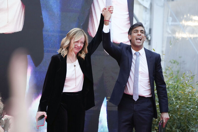 Italy's prime minister Giorgia Meloni and Britain's prime minister Rishi Sunak at the annual Atreju political festival organised by Ms Meloni's Fratelli d'Italia (Brothers of Italy) party. Picture: Alessandra Tarantino/AP