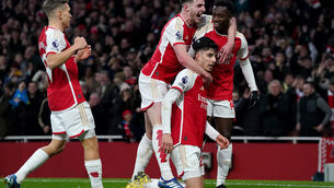 <p>Arsenal's Kai Havertz (second right) celebrates scoring their side's second goal of the game during the Premier League match at the Emirates Stadium.</p>