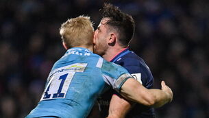 <p>HEAD TO HEAD: Hugo Keenan of Leinster is tackled by Arron Reed of Sale Sharks during the Investec Champions Cup Pool 4 Round 2 match between Leinster and Sale Sharks at the RDS Arena in Dublin. Photo by Sam Barnes/Sportsfile</p>