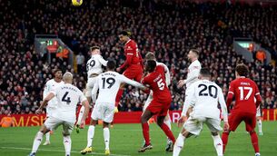 <p>STALEMATE: Cody Gakpo of Liverpool heads the ball during the Premier League match between Liverpool and Man United at Anfield. Pic: Clive Brunskill/Getty Images</p>