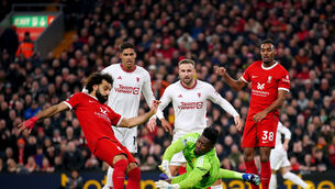 <p>Manchester United goalkeeper Andre Onana saves a shot from Liverpool's Mohamed Salah during the Premier League match at Anfield, Liverpool. Picture date: Sunday December 17, 2023. PA Photo: Peter Byrne/PA Wire </p>