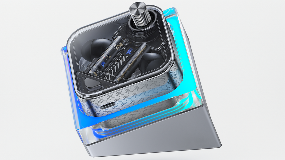 Redmagic Cyberbuds DAO TWS and stand. Picture: Redmagic. Redmagic Cyberbuds DAO TWS and stand. Picture: Redmagic.