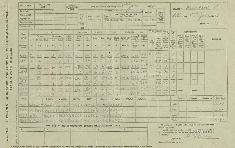 An observation sheet completed by Maureen on 3rd June 1944. Picture: Met Éireann