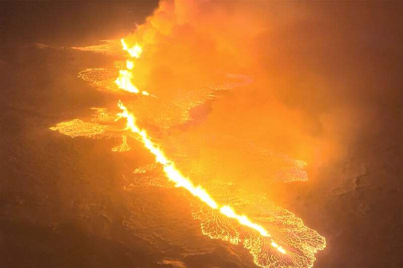 The Icelandic Coast Guard shows magma flow on a hill near Grindavik on Iceland's Reykjanes Peninsula. Picture: Icelandic Coast Guard via AP