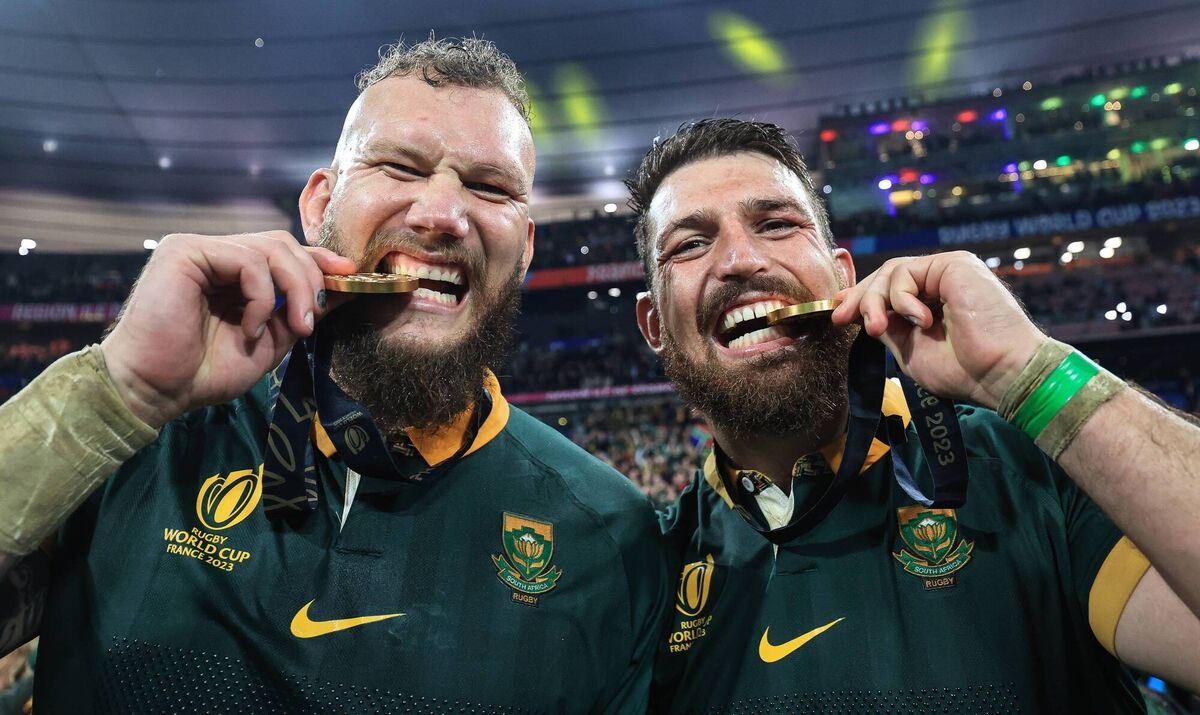 Snyman and Jean Kleyn celebrate after the World Cup Final. Pic: Dan Sheridan