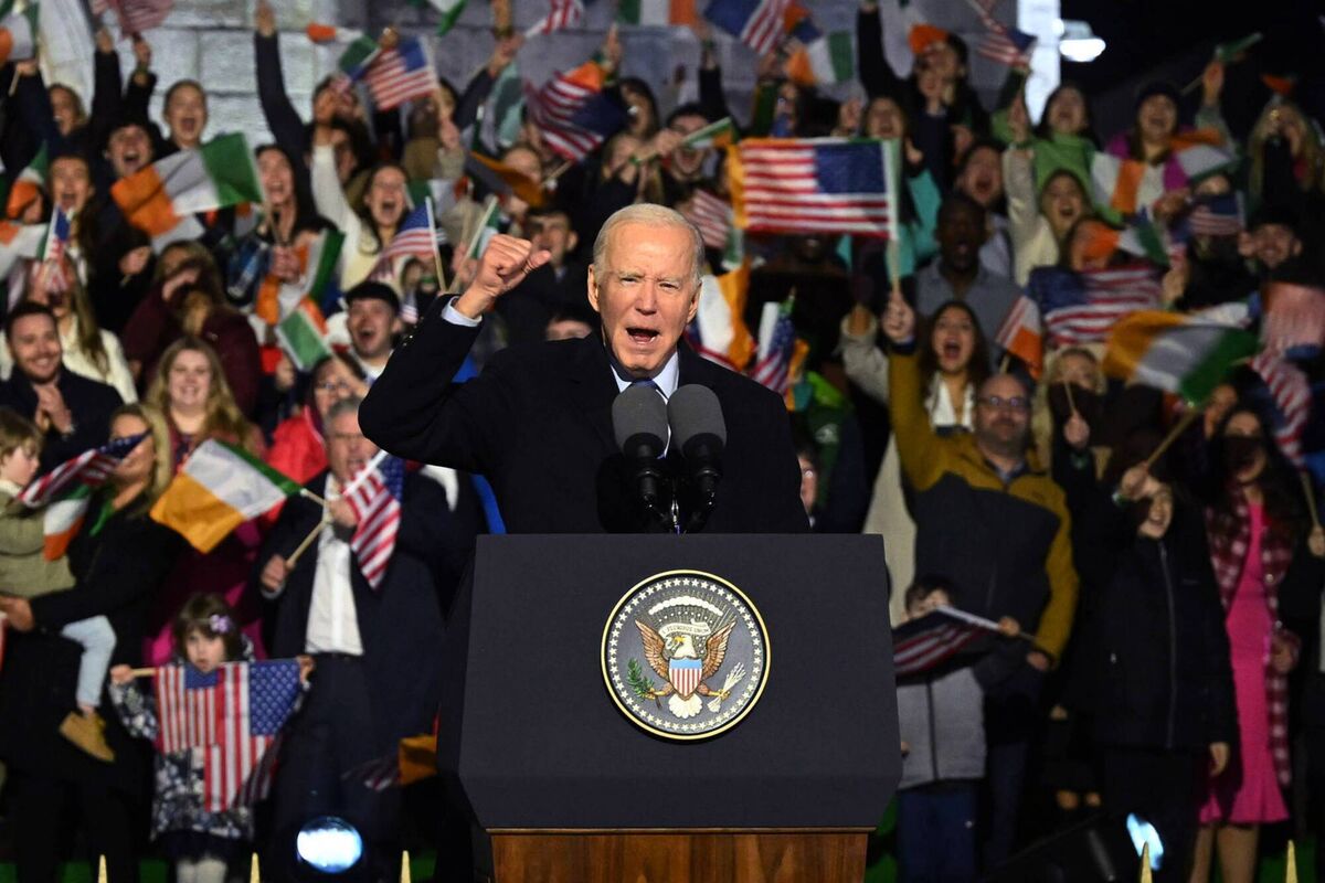 US President Joe Biden speaks to the crowd during a celebration event at St Muredach's Cathedral on April 14, 2023, in Ballina. US President Joe Biden speaks to the crowd during a celebration event at St Muredach's Cathedral on April 14, 2023, in Ballina.