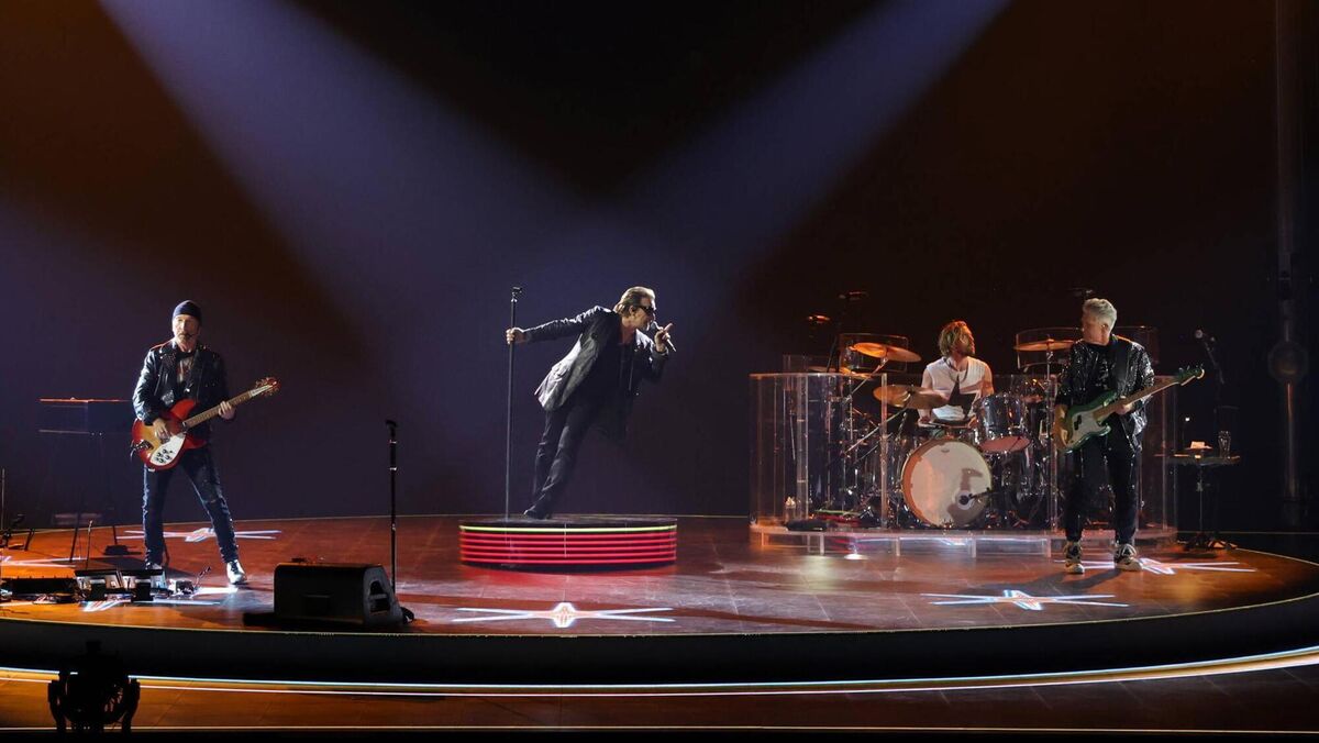 Bono, The Edge, Adam Clayton and Bram van den Berg of U2 perform during the opening night of U2:UV Achtung Baby Live at Sphere on September 29, 2023 in Las Vegas. Bono, The Edge, Adam Clayton and Bram van den Berg of U2 perform during the opening night of U2:UV Achtung Baby Live at Sphere on September 29, 2023 in Las Vegas.