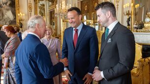 <p> Taoiseach Leo Varadkar and his partner Matt Barrett meet with King Charles III during a reception at Buckingham Palace on May 6.</p>