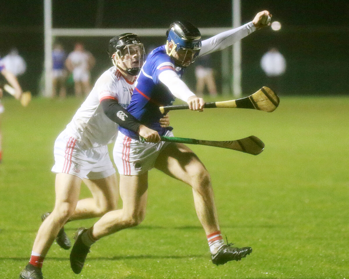 Liam Lynch, Mungret St Paul's, under pressure from Joseph Fitzgerald, Monaleen in the County Premier U21 Hurling Final in Rathkeale