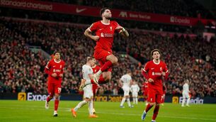 <p>JUMPING FOR JOY: Liverpool's Dominik Szoboszlai celebrates scoring the opening goal during the Carabao Cup quarter final match at Anfield.</p>