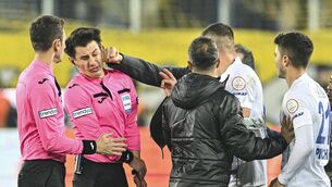 <p>TIPPING POINT? Abuse of referees is a cause of concern across the sporting spectrum at this stage but the behaviour of Faruk Koca, President of MKE Ankaragucu, in striking referee Halil Umut Meler after the Turkish Super Lig game between MKE Ankaragucu and Rizespor in Ankara seems an appropriate intervention for...well intervention. Pic: Emin Sansar/Anadolu</p>