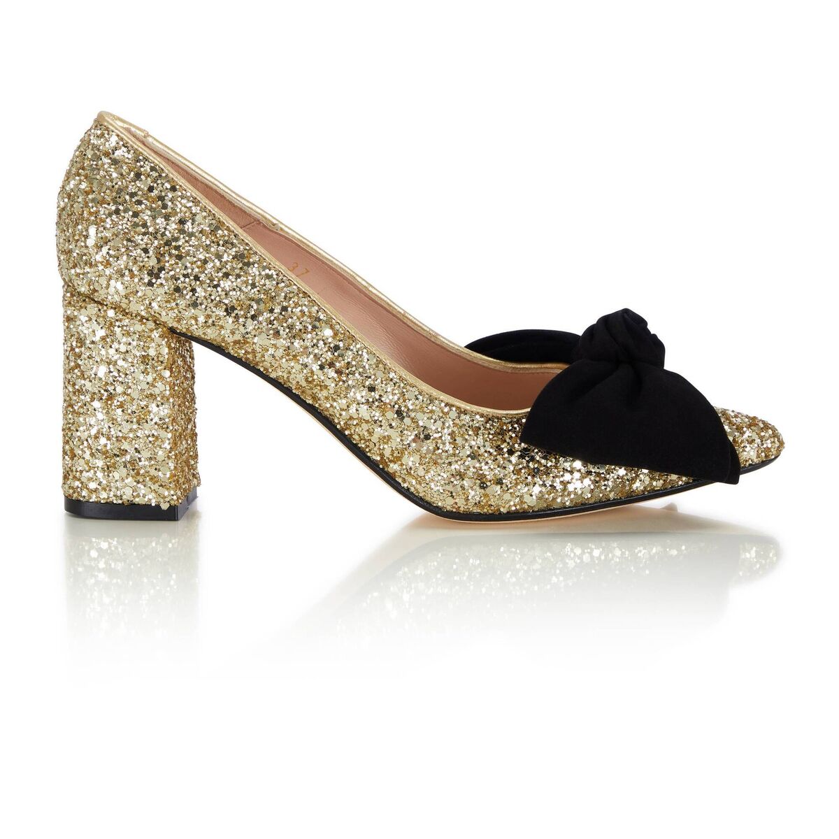 Gold Glitter With Black Suede Bow, €225, Nicki Hoyne Gold Glitter With Black Suede Bow, €225, Nicki Hoyne