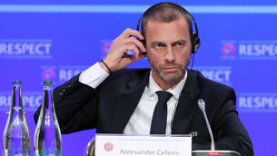 <p>Aleksander Ceferin had been joined from their wood-panelled offices by Nasser al-Khelaifi of Paris Saint-Germain and La Liga’s Javier Tebas.</p>