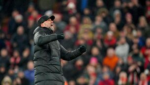 <p>Liverpool manager Jurgen Klopp celebrates after the Premier League match at Anfield.</p>