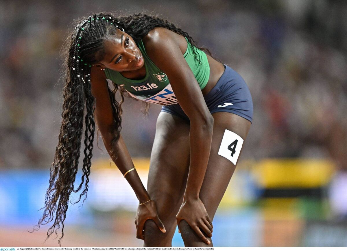 Rhasidat Adeleke of Ireland reacts after finishing fourth in the women's 400mduring day five of the World Athletics Championships at the National Athletics Centre in Budapest, Hungary. Pic: Sam Barnes/Sportsfile. 