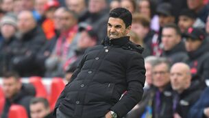 <p>ANFIELD ANGST: Arsenal boss Mikel Arteta at Anfield last April when his side blew a two-goal lead against Liverpool. Pic: Dave Howarth, CameraSport</p>