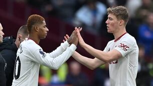 <p>Manchester United's Marcus Rashford (L) comes on to replace Rasmus Hojlund (R) during the Premier League football match against West Ham United at the London Stadium (Photo by BEN STANSALL/AFP via Getty Images)</p>
