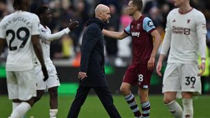 <p>Manchester United's manager Erik ten Hag walks off across the pitch after the English Premier League football match against West Ham United at the London Stadium</p>