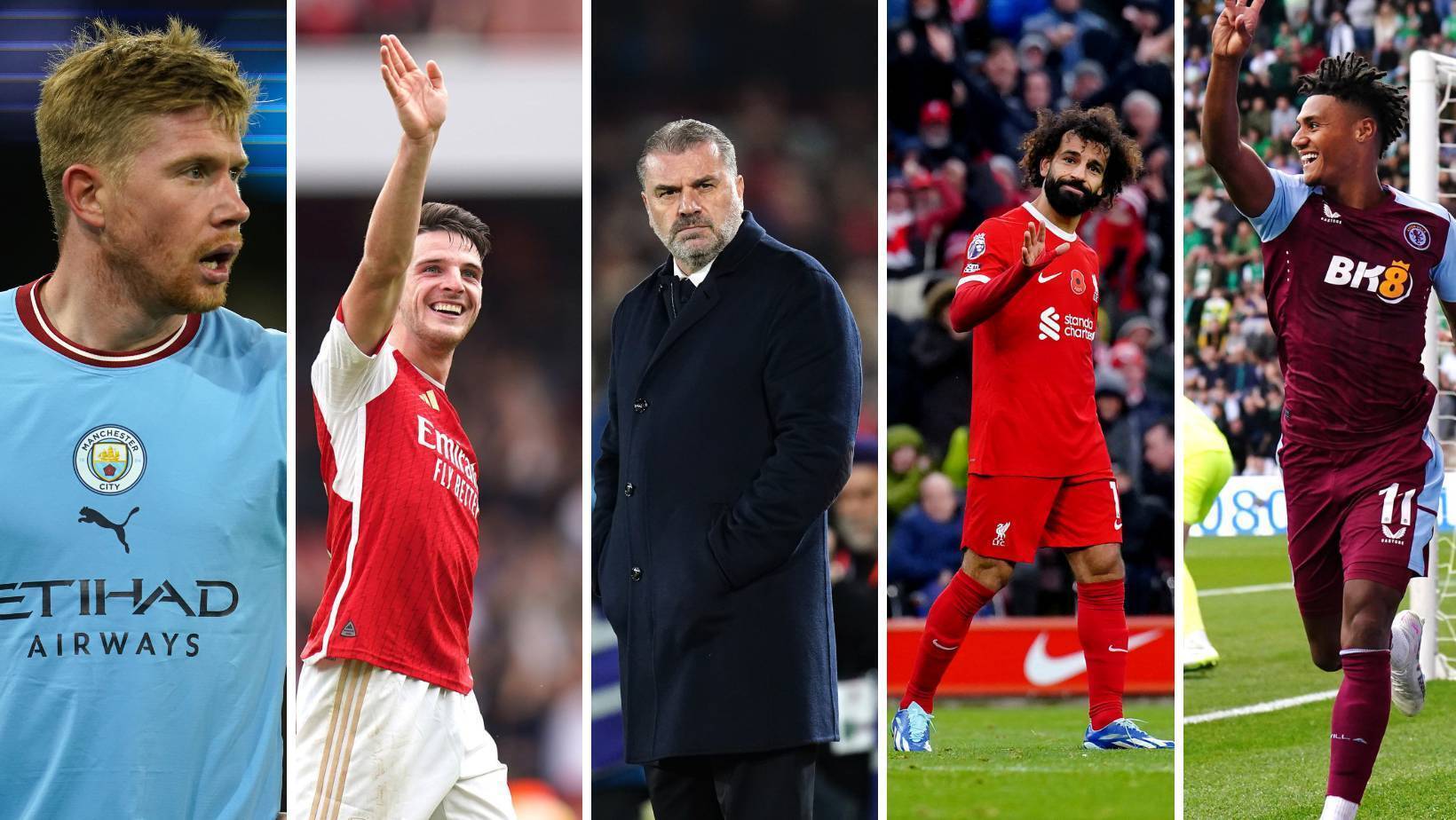 PREMIER LEAGUE TITLE FORERUNNERS: Kevin De Bruyne, Declan Rice, Ange Postecoglou, Mo Salah and Ollie Watkins. 