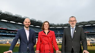 <p>4 December 2023; In attendance at the 2024 GAAGO match schedule launch at Croke Park in Dublin are, from left, Head of GAAGo Noel Quinn, GAAGo Host Gráinne McElwain and Uachtarán Chumann Lúthchleas Gael Larry McCarthy. Fans can avail of 38 exclusive matches in Ireland for €69 up until December 31st". Photo by Sam Barnes/Sportsfile</p>