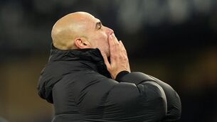 <p>Manchester City manager Pep Guardiola gestures to the fans after the final whistle at Goodison Park.</p>