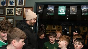 <p>Caelan Doris chatting with young fans at Ballina Rugby Club. Picture: John O'Grady</p>