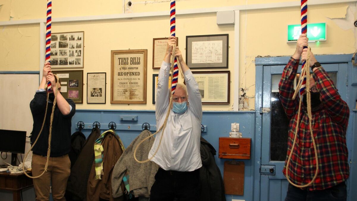 Craig Copley Brown, with Daniel and Pat Mulcahy, ringing the bells at St Mary's Cathedral, Limerick. Picture: Brendan Gleeson Craig Copley Brown, with Daniel and Pat Mulcahy, ringing the bells at St Mary's Cathedral, Limerick. Picture: Brendan Gleeson