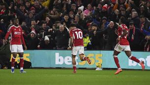 <p>Nottingham Forest's Morgan Gibbs-White celebrates with teammates.</p>