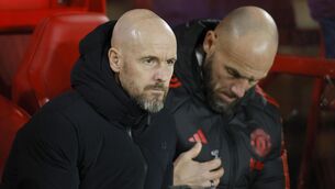 <p>GRIM LEADING: Manchester United manager Erik ten Hag (left) during the Premier League match at the City Ground, Nottingham. Pic: Richard Sellers/PA Wire</p>