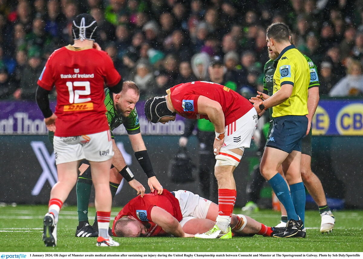 Oli Jager of Munster awaits medical attention after sustaining an injury during the United Rugby Championship match between Connacht and Munster at The Sportsground in Galway. Photo by Seb Daly/Sportsfile Oli Jager of Munster awaits medical attention after sustaining an injury during the United Rugby Championship match between Connacht and Munster at The Sportsground in Galway. Photo by Seb Daly/Sportsfile