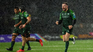 <p>Connacht's JJ Hanrahan celebrates kicking a penalty</p>