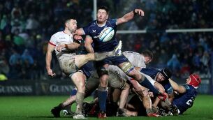 <p>Ulster's John Cooney and Joe McCarthy of Leinster.</p>