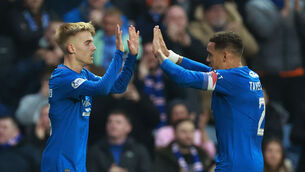 <p>NOUNCING BACK: Rangers' Ross McCausland (left) celebrates with James Tavernier. Pic: Steve Welsh/PA Wire.</p>