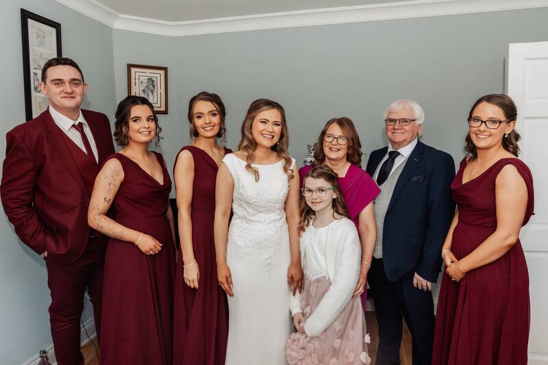 Noreen Looney with her parents Mary and Ger Looney, daughter Lily Drumm and bridal party Conor Cronin, Tracey Sheahan, Niamh Sexton and Mairead O’Sullivan. 