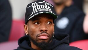 <p>Ivan Toney of Brentford is seen on the bench prior to the game against West Ham.</p>