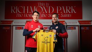 <p>LIVERPOOL CONNECTION: St Patrick's Athletic new signing Marcelo Pitaluga, left, on loan from Liverpool FC, with St Patrick's Athletic manager Jon Daly, at his unveiling at Richmond Park in Dublin. Pic: Seb Daly/Sportsfile</p>