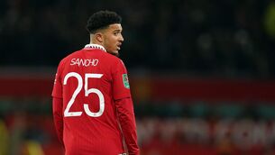 <p>EXIT STRATEGY: Manchester United's Jadon Sancho during the Carabao Cup semi-final, second leg match at Old Trafford, Manchester. Picture date: Wednesday February 1, 2023.</p>